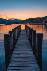 Naklejka premium Tranquil Wooden Bridge Over Calm Lake with Majestic Mountains in the Background – Serene Nature Landscape