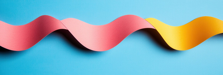 Colorful paper ribbons on blue background, creating wave