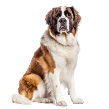Majestic Saint Bernard Dog Sitting Against White Background