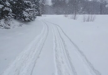 The snow-covered ground is marked with slaloming tracks