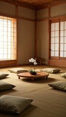 A tranquil room with tatami mats, low seating, and natural materials, designed for meditation and relaxation