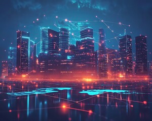 Fototapeta premium Futuristic city skyline with digital overlay.