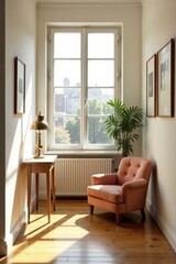 Sunlight illuminates a tranquil corner featuring a peach armchair, a small wooden table with a brass lamp, and framed artwork, all set against the backdrop of a large window overlooking treetops.