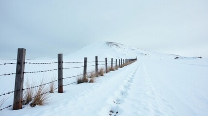 A snow-covered path lined by a rustic wooden fence with barbed wire stretches towards a distant hill under a pale winter sky