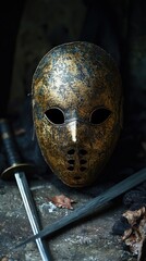 Fencing mask with sword laying beside it, drama