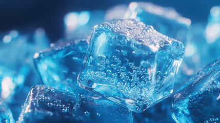 Macro shot of ice cubes showcasing air bubbles with cool blue lighting effects