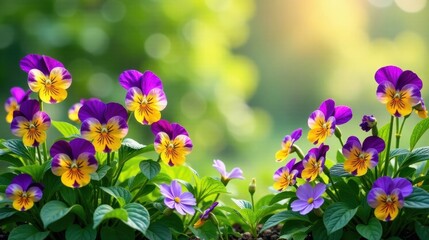Vibrant Pansies Blooming in a Lush Garden Setting, Basking in the Warm Sunlight of a Peaceful Spring Day