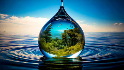 A drop of water with a forest ecosystem inside on the background of a water surface, as a concept of careful attitude to water resources