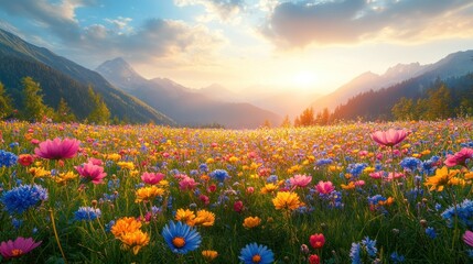 Mountain sunset wildflowers field scenic landscape