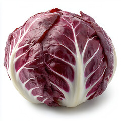 Obraz premium Red Radicchio: A vibrant red radicchio with crisp, tightly packed leaves boasts a beautiful contrast of deep burgundy and white, highlighting its striking visual appeal and culinary versatility.