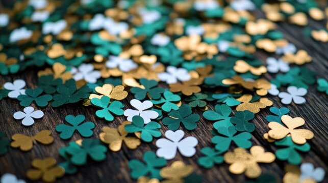 Shiny metallic gold and green confetti, perfect for St. Patrick's Day celebrations.