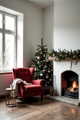 Cozy Christmas Interior Featuring a Crimson Armchair by a Festive Fir Tree and a Warm Fireplace