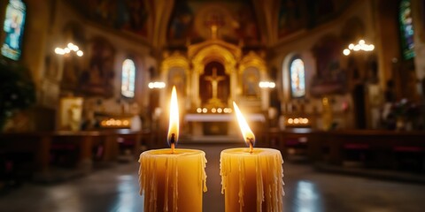 Candles set in front of the altar in a church, signifying prayer and devotion.
