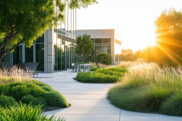 Obraz premium Beautiful landscaped garden in a modern office complex at sunrise showcasing vibrant green foliage and a tranquil pathway