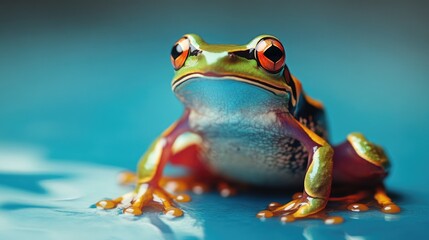 Fototapeta premium Close-up of vibrant green and red poison dart frog sitting on blue water surface.