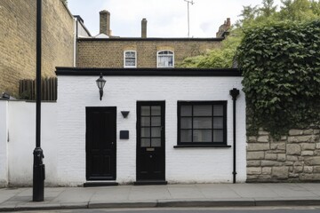 Quaint white and black house located in an urban area with ivy-covered walls, typical of historic neighborhoods in London, showcasing British architecture and charm at midday