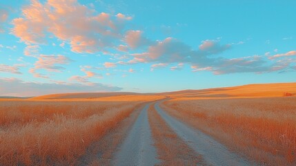 Naklejka premium Golden hour country road through golden field