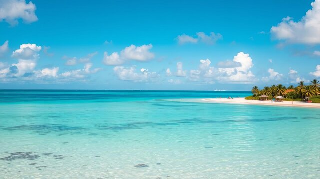 A beautiful sandy beach with crystal clear turquoise water and a flock of pink flamingos walking along the shore, destination, blue sky, Aruba