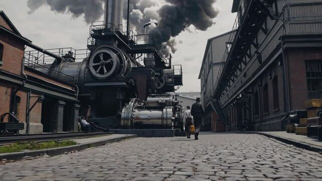 Industrial landscape with steam and smoke in a historic factory setting