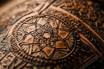 Fototapeta premium Intricate handmade wooden bowl featuring detailed carvings of floral patterns and geometric designs