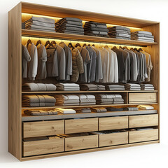 Organized Modern Walk-in Closet: A meticulously organized walk-in closet with light oak wood shelving, drawers, and hanging rods displays neatly folded and hung clothing.
