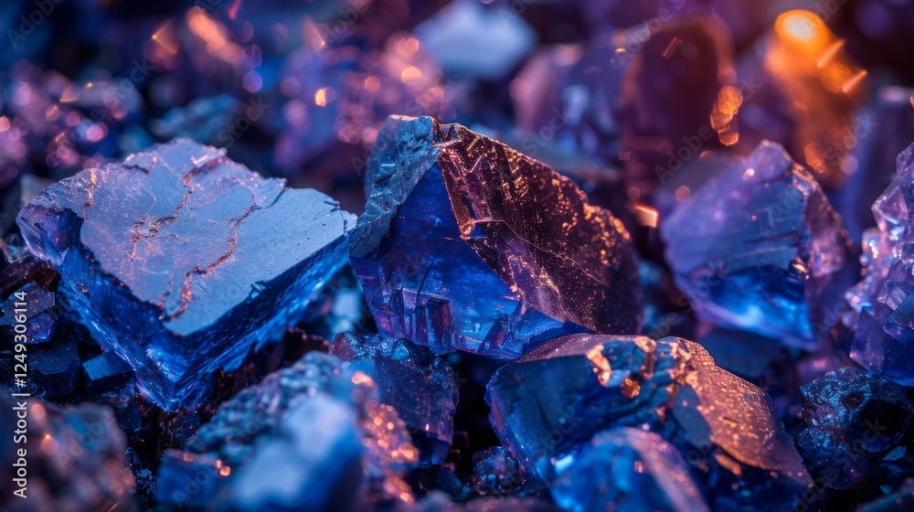 Fototapete Deep within a cavern, blue crystals of various shapes and sizes shimmer under light. The scene evokes a sense of wonder and exploration in a natural underground setting.