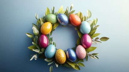 A whimsical and colorful wreath decorated with baskets of eggs and candy in vibrant colors for an Easter celebration.