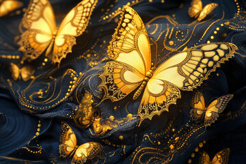 Fototapeta premium Golden butterflies gracefully flutter across a dark, intricate backdrop creating an enchanting visual experience