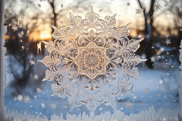 Intricate frost patterns decorate a window overlooking a winter sunset landscape in a serene...