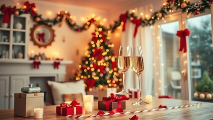 Room with Christmas decorations, couple in festive attire opening bottle of champagne, Christmas, decoration, holiday