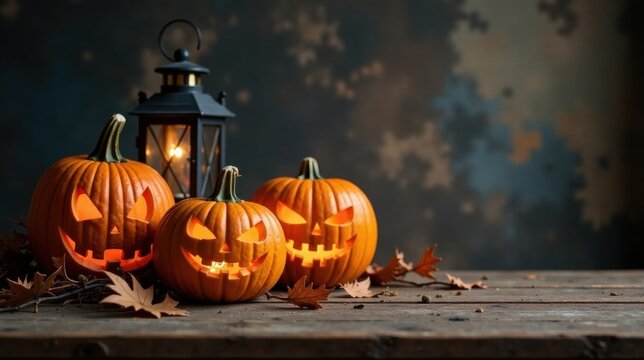 Illuminated Jack-o'-lanterns arranged on a rustic wooden surface, accompanied by a dimly lit antique lantern and autumnal foliage, creating a spooky yet inviting ambiance for a festive occasion.