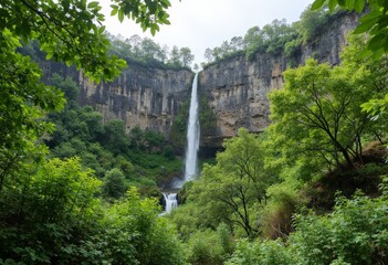 Waterfall Cascading Down Cliff Surrounded by Lush Greenery