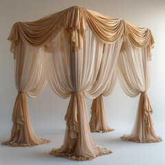 Opulent Canopy Bed: A luxurious four-poster canopy bed, draped in elegant champagne-colored sheer fabrics with cascading ruffles and delicate detailing, creates a dreamy and romantic atmosphere.