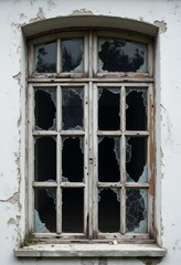 Obraz premium Weathered Window Frame with Broken Glass and Peeling Paint