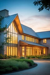 Fototapeta premium Modern residential architecture showcasing extensive glass features and warm lighting at dusk in a suburban neighborhood