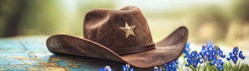A rustic cowboy hat adorned with a star, resting on a colorful surface near blue wildflowers, evokes a sense of country charm and adventure, Texas Independence Day