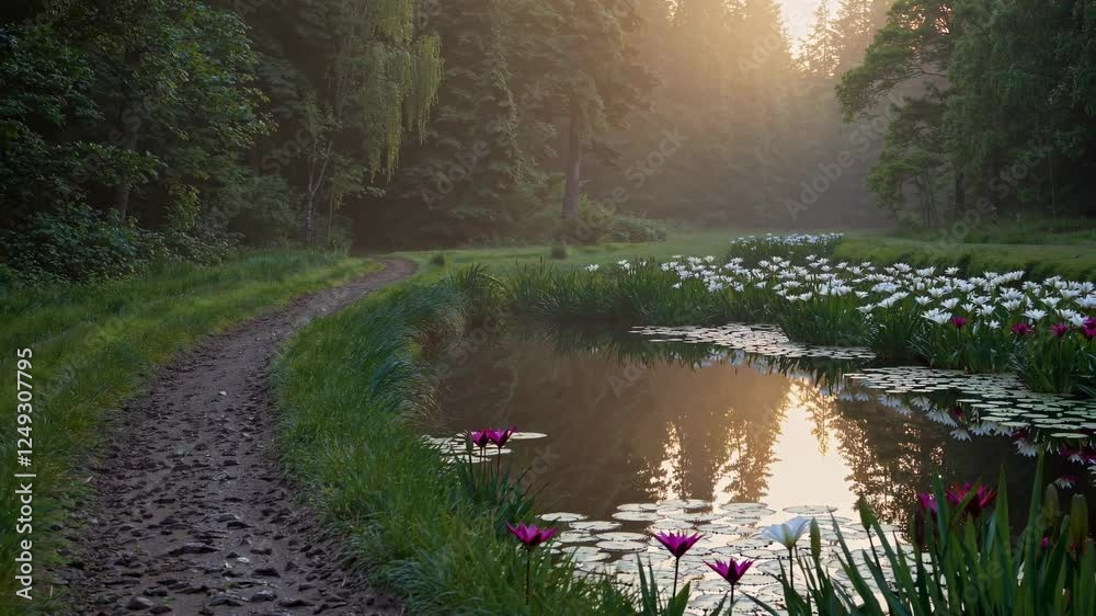 Poster serenity in nature with blooming flowers and reflections at dawn in a tranquil forest