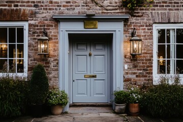 Naklejka premium Beautifully designed wooden door of a charming historic building surrounded by greenery and warm lighting, inviting guests in the evening