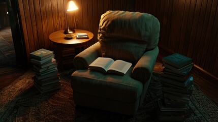 Cozy reading nook with an open book on an armchair surrounded by stacked books and warm light