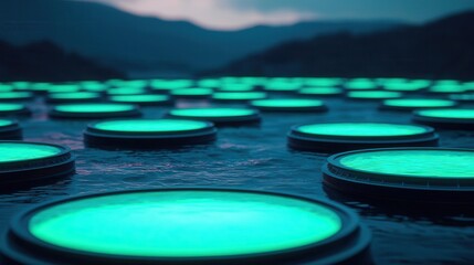 Hightech bioluminescent algae energy farm, producing sustainable bioelectricity for urban areas