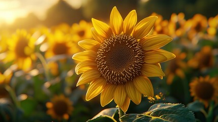 Fototapeta premium Golden sunflower in field at sunset