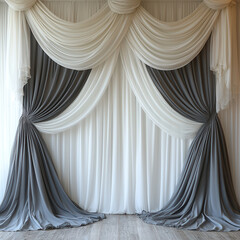 Draped Elegance:  A luxurious backdrop for your special events, featuring flowing gray and ivory drapes creating a captivating and sophisticated ambiance.  