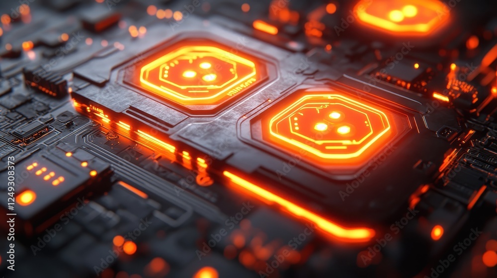 Poster Glowing CPU on circuit board, tech background, data processing