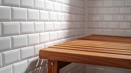 Fototapeta premium A wooden bench sits in front of a white brick wall