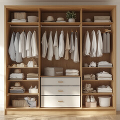 Organized Wardrobe System: Modern built-in wardrobe with ample storage space, showcasing neatly organized clothing, shoes, and accessories.