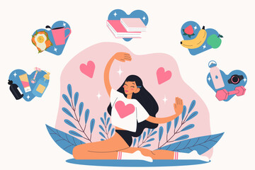 Self care concept. Stretching girl with self love stickers. Modern isolated vector illustration.