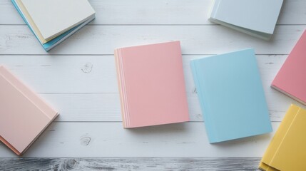pastel notebooks on white wooden background