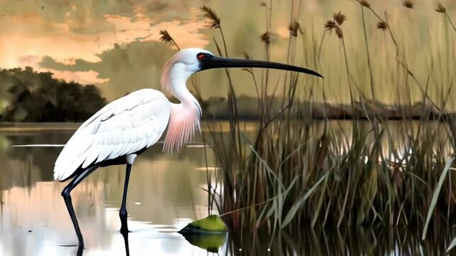 Black-faced Spoonbill. serene wetland with black-faced spoonbill wading through water. graceful black-faced spoonbill foraging in tranquil waters. peaceful wetland scene with spoonbill and rippling wa