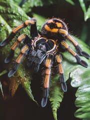 A close-up of a vibrant yellow and black striped tarantula spider.