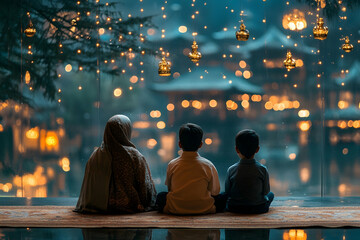 Family watches city lights and snow in winter. Possible use family moments, seasonal celebrations, tourism promotion